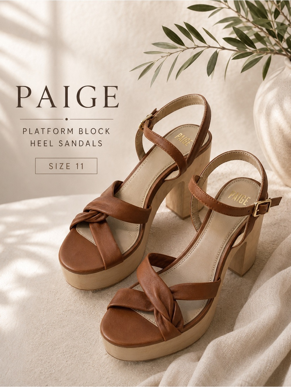 PAIGE Brown Leather Platform Block Heel Sandals Size 11